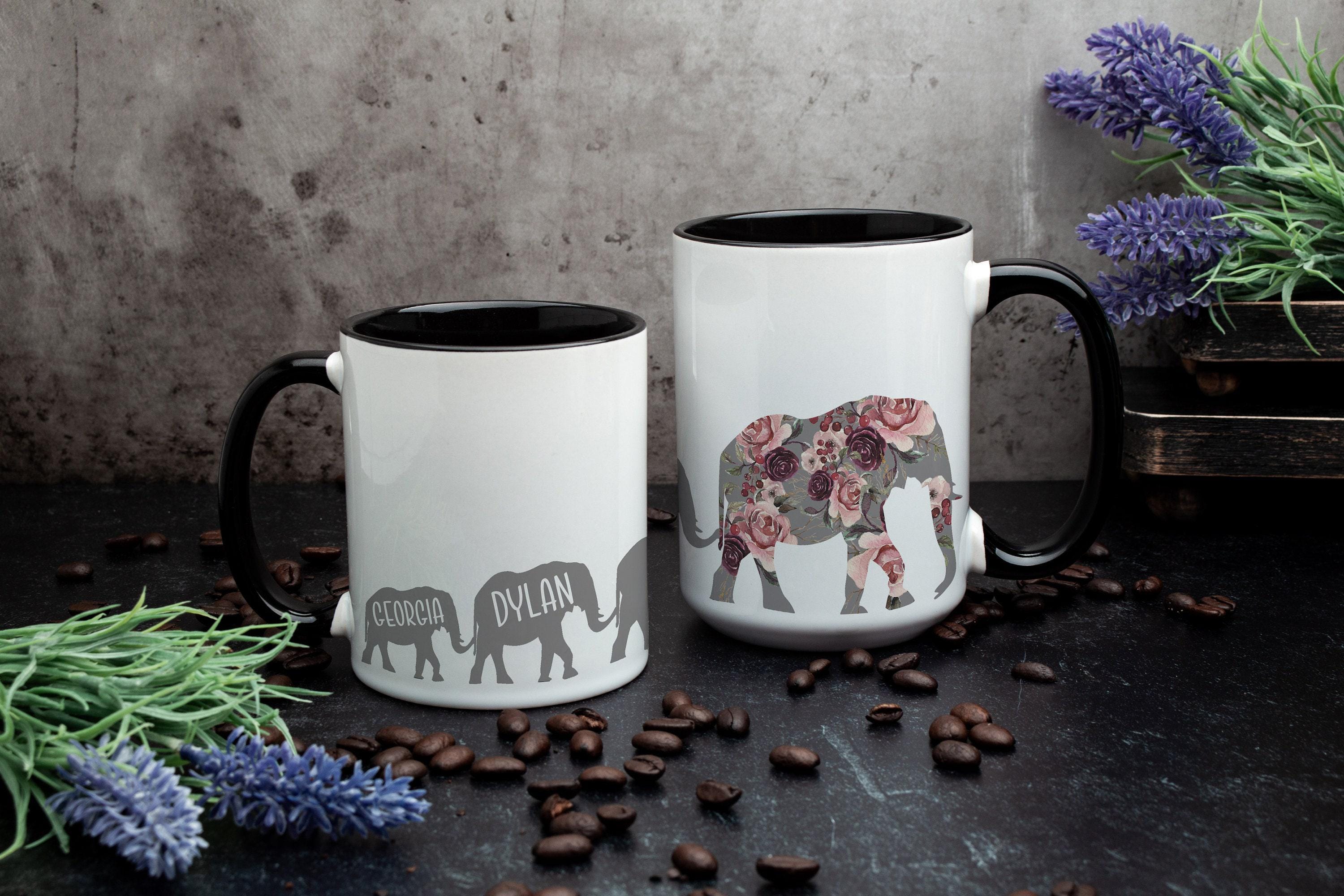 Mauve Pink Floral Mama Elephant Mug with Custom Kids, Personalized Family Gift Mug