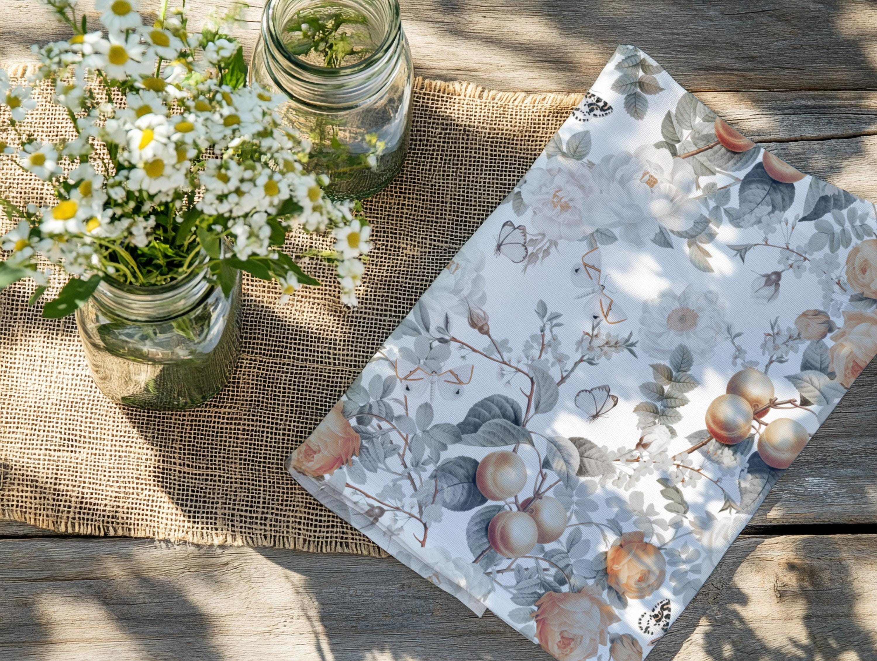 Personalized Peach Floral Tea Towel Set: Botanical Kitchen Decor