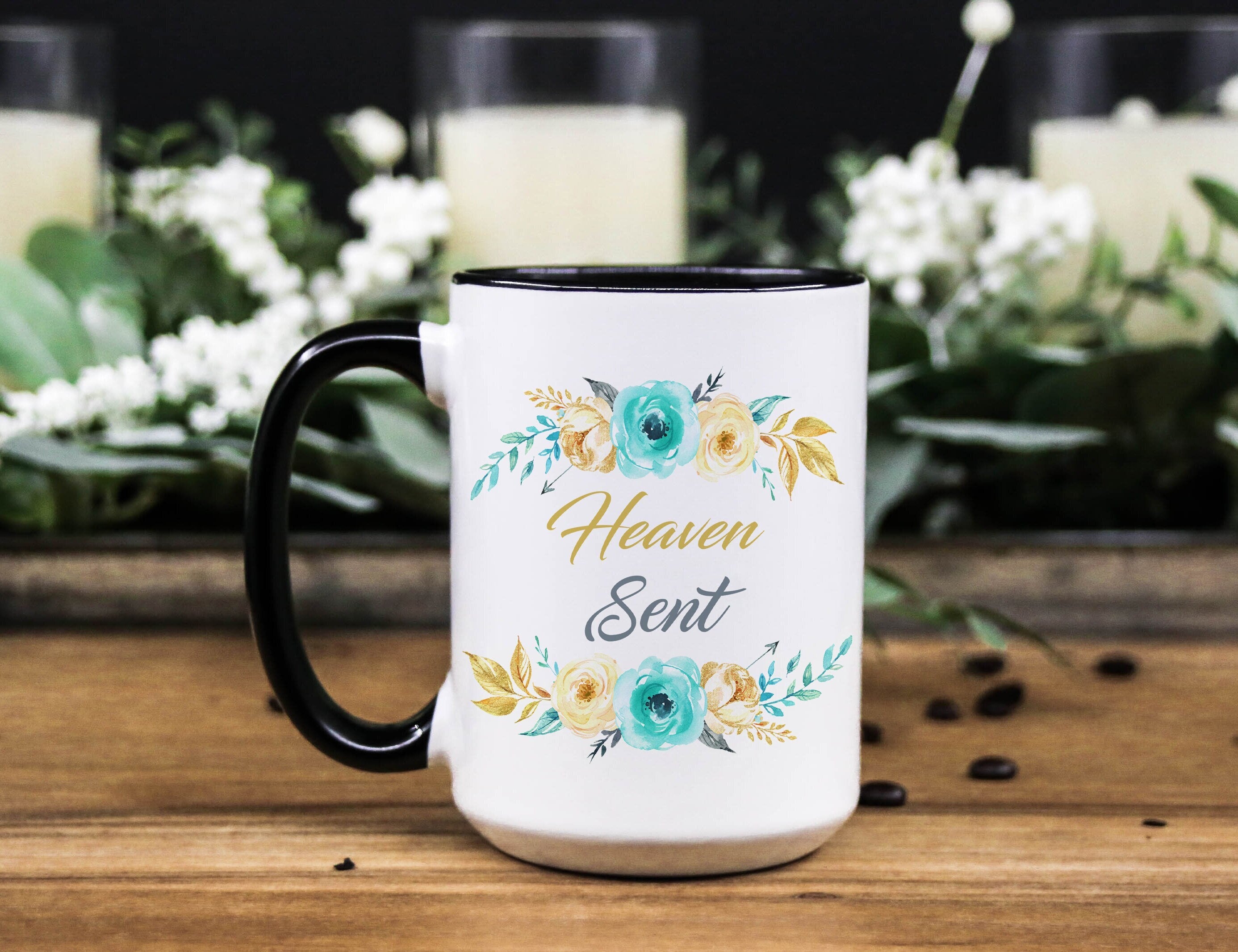 Heaven Sent Inspirational Mint Gold Floral Coffee ceramic mug, gift for women/mom/daughter in 11oz and 15oz in White and w/Black Accent