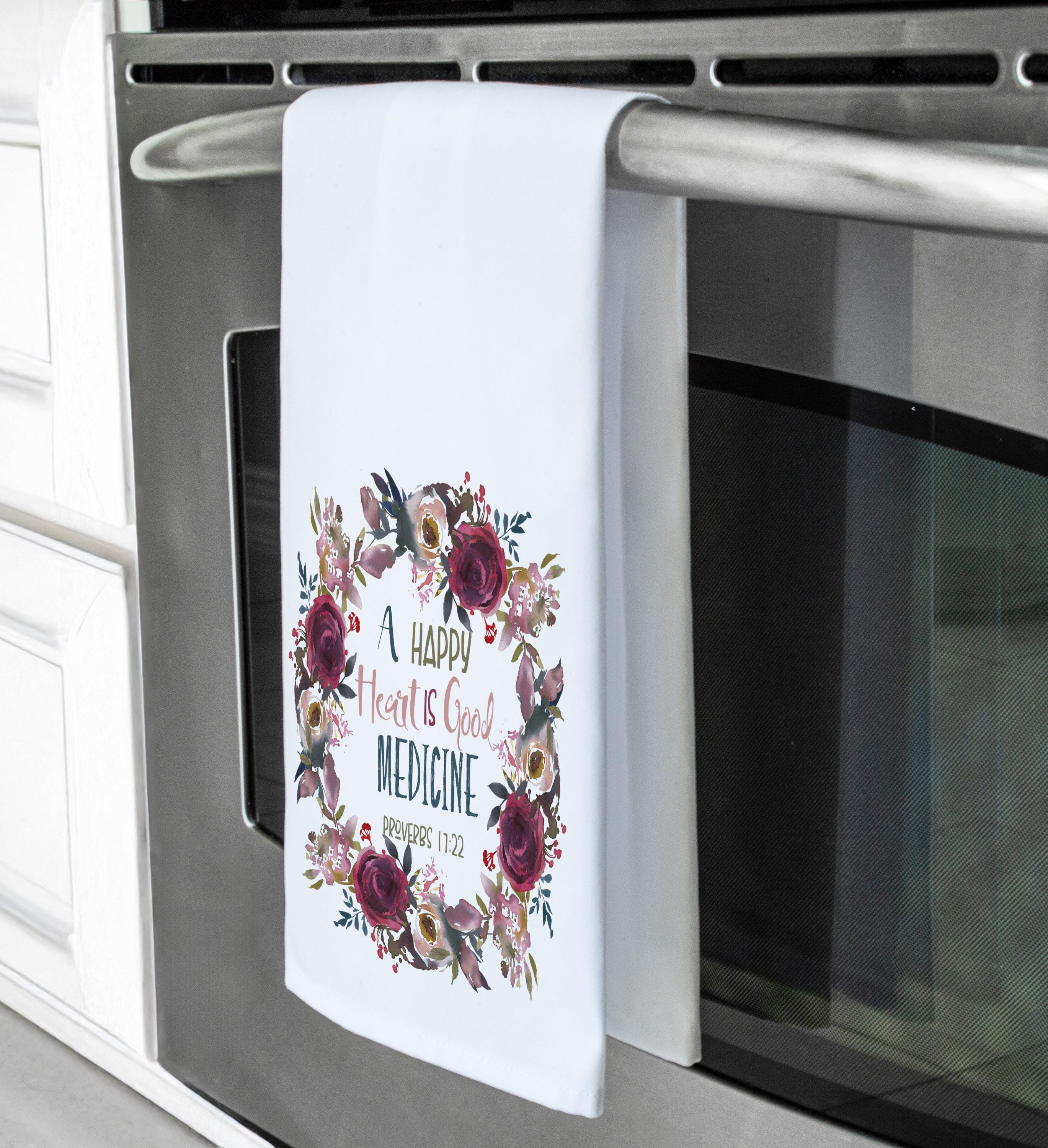 Inspirational Bible Verse Tea Towel, A Happy Heart is Good Medicine Kitchen Towel, Faith Tea Towels for Christians, Hand Towel, Gift for her