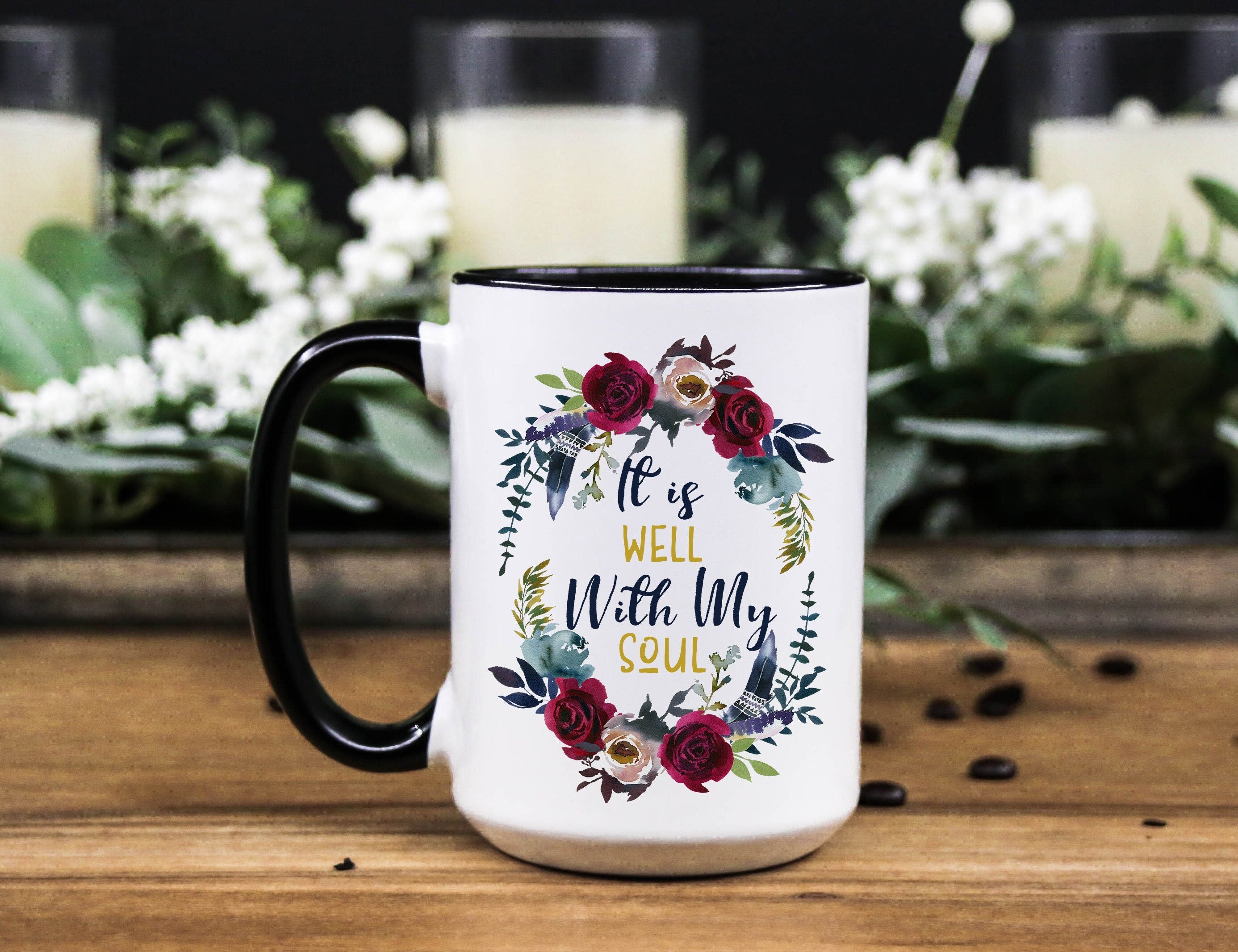 Floral Wreath Christian Coffee Mug - It Is Well With My Soul