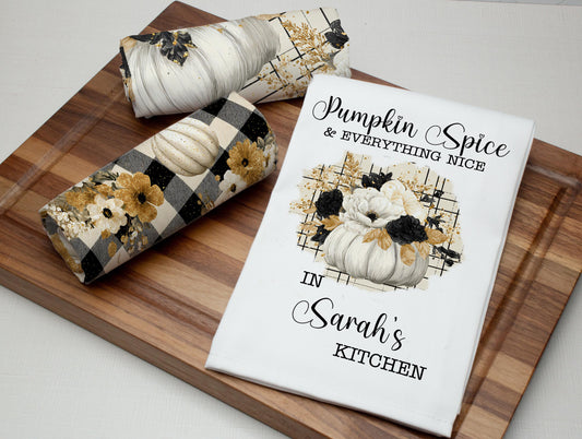 Pumpkin Spice Tea Towel Set – Personalized Fall Kitchen Towels with Custom Name, Rustic Farmhouse Pumpkin Decor, Autumn Hostess Gift