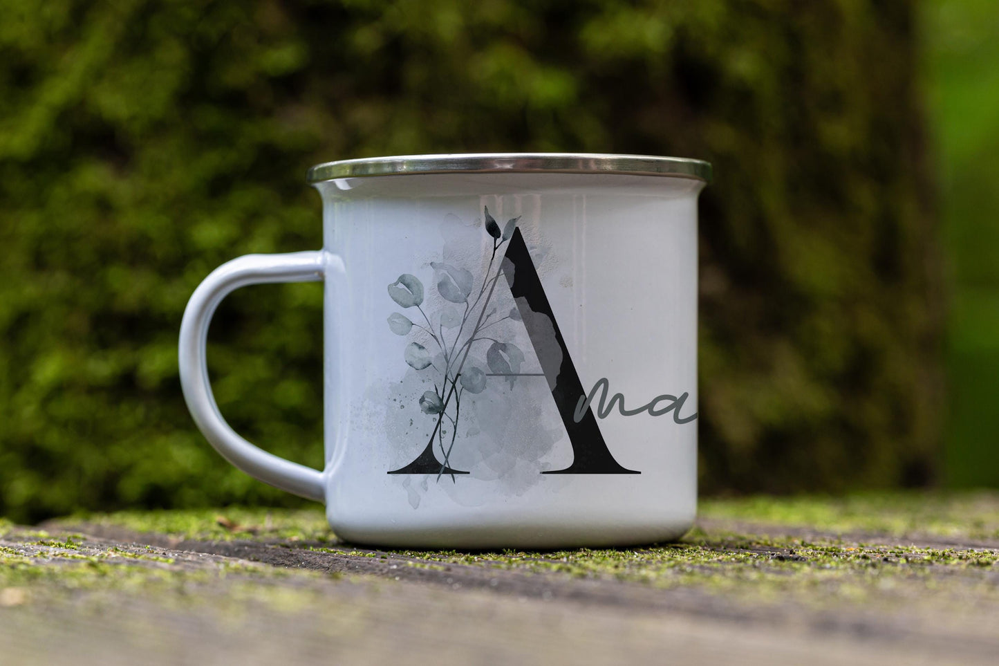 12oz/18oz Personalized Enamel Camp Cup with Green Hues, Monogram Name Mug, Outdoor Adventure Gear for her in silver & black rim