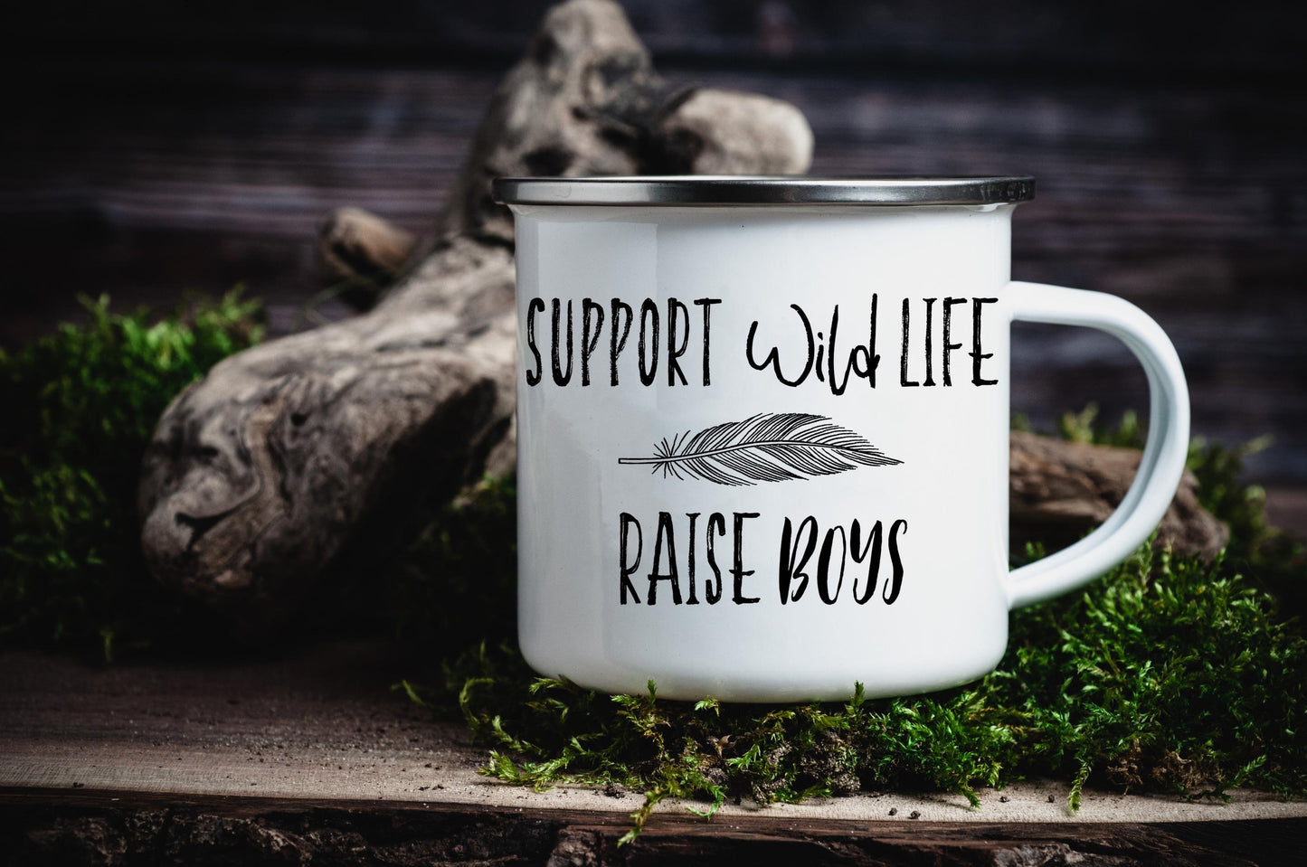 12oz/18oz Parent of boys Enamel Camp Cup, Support wildlife, Dad of boys gift, Mom of boys gift, Outdoor Gear for him/her, Black/Silver Rim