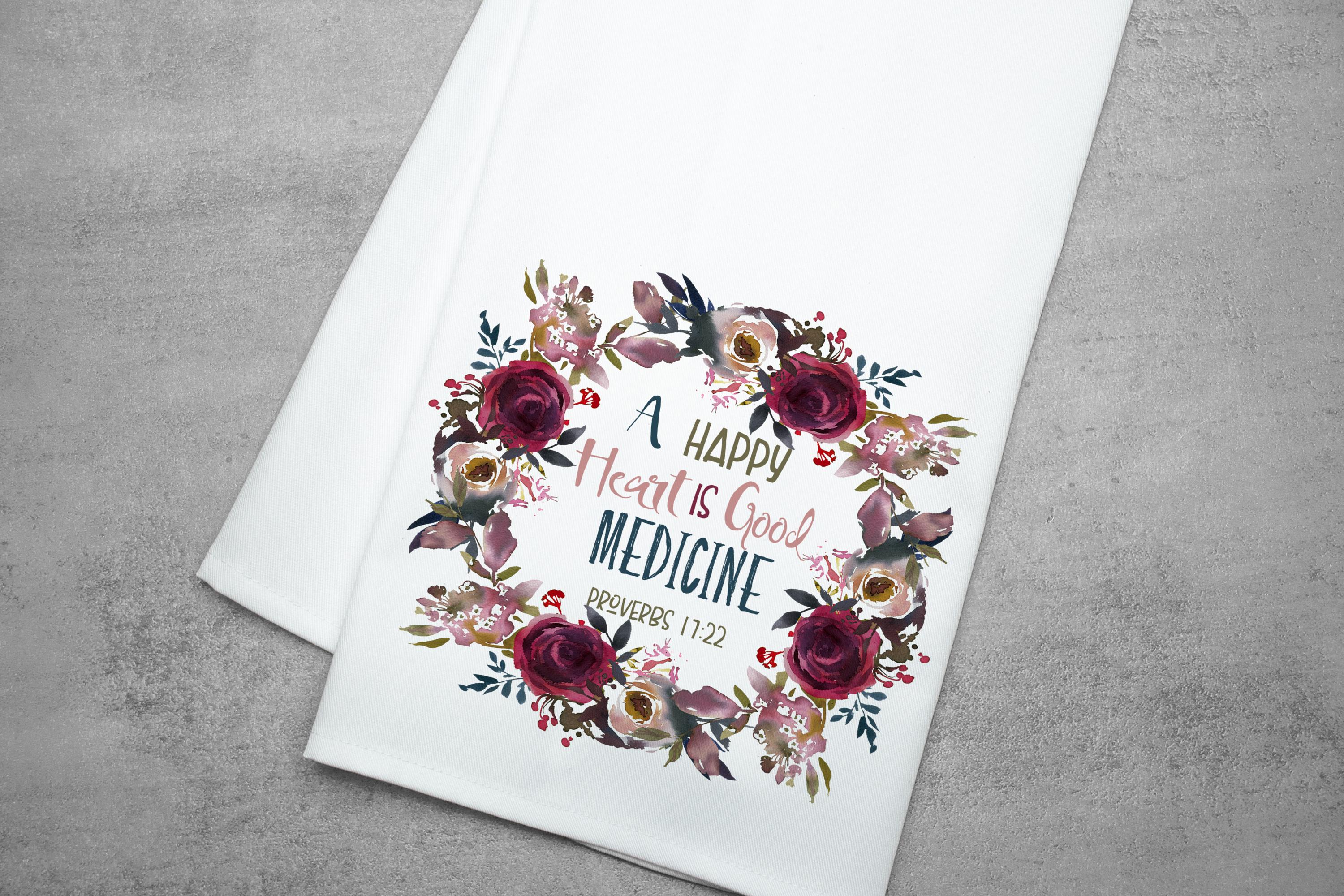 Inspirational Bible Verse Tea Towel, A Happy Heart is Good Medicine Kitchen Towel, Faith Tea Towels for Christians, Hand Towel, Gift for her