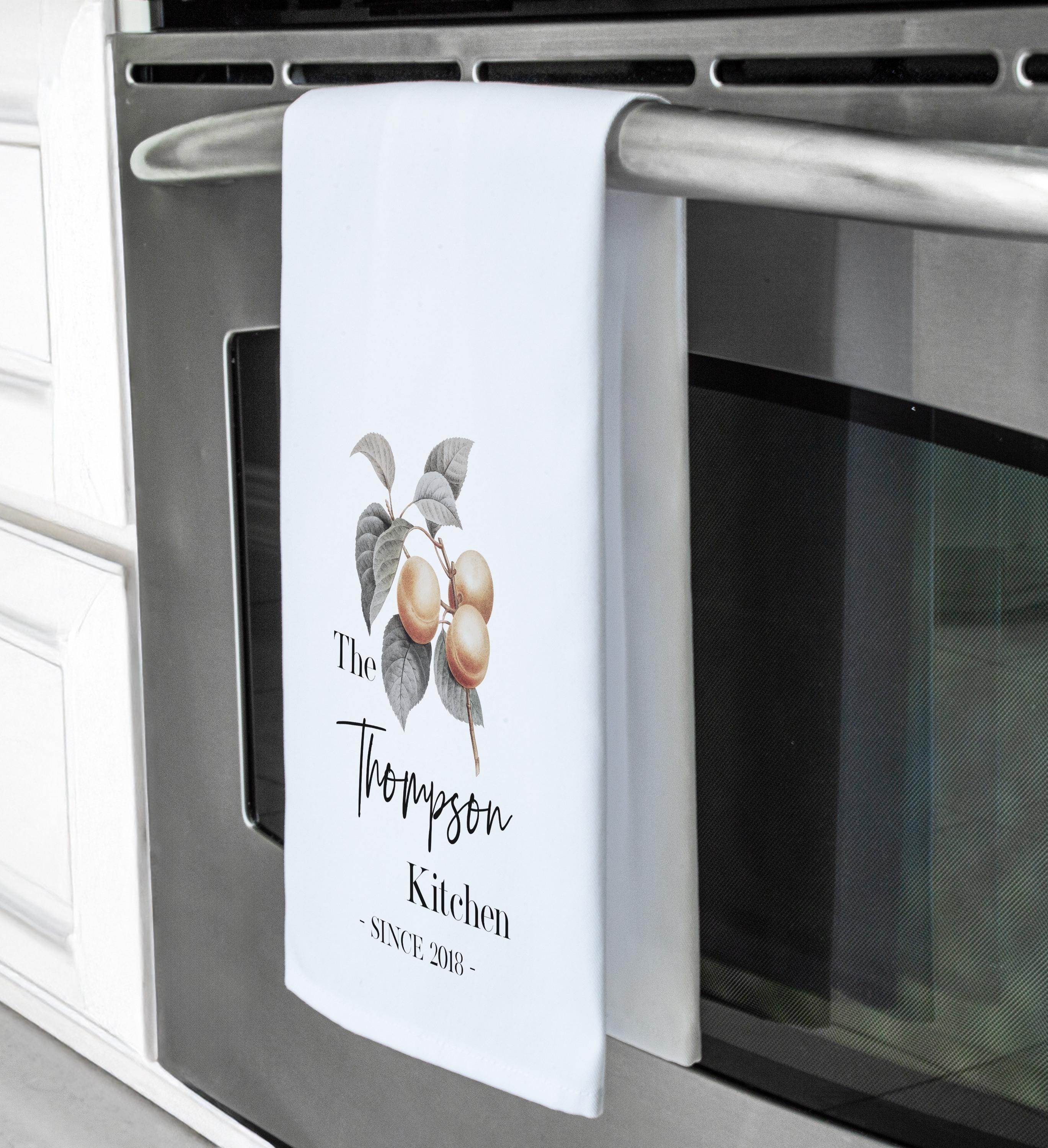 Personalized Peach Floral Tea Towel Set: Botanical Kitchen Decor