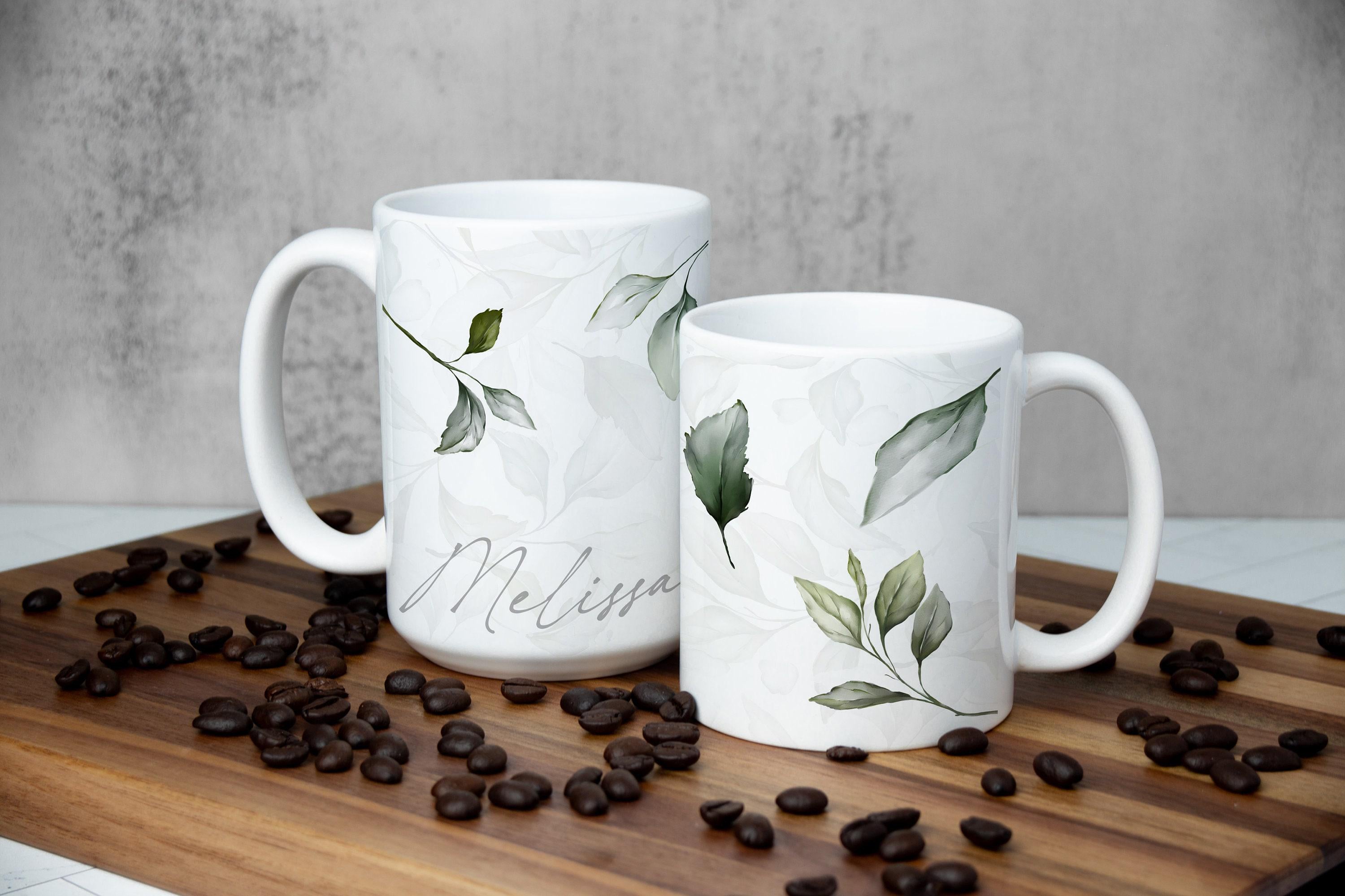 Personalized Green Leaf Coffee Mug: Silver Design, Multiple Sizes & Colors Available