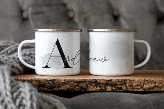 12oz/18oz Personalized Enamel Camp Cup with Green Hues, Monogram Name Mug, Outdoor Adventure Gear for him in silver & black rim