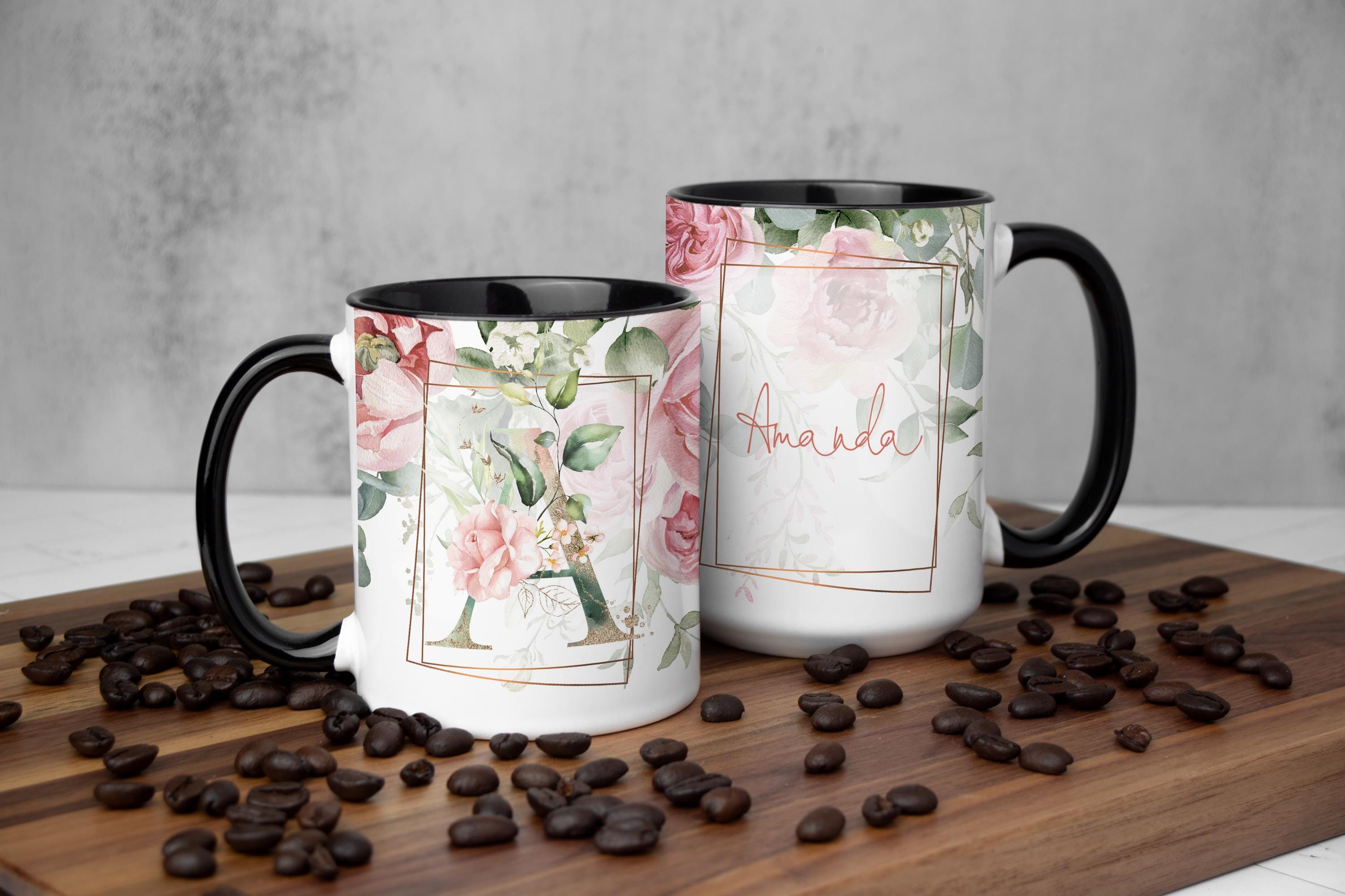 Floral Monogram Mug: Personalized Pink Rose Ceramic Coffee Mug