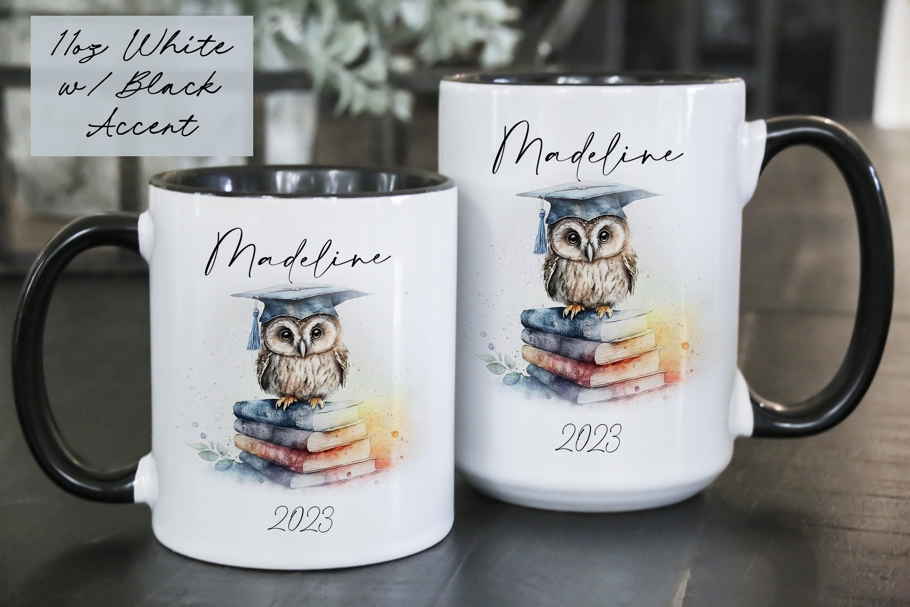 Personalized Graduation Coffee Mug: Watercolor Owl on Books
