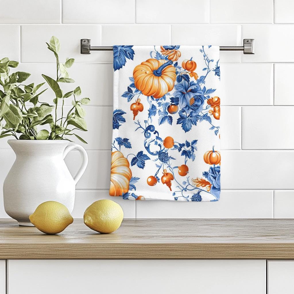 Personalized Toile Pumpkin Tea Towel Set - Blue & Orange Farmhouse Fall Decor