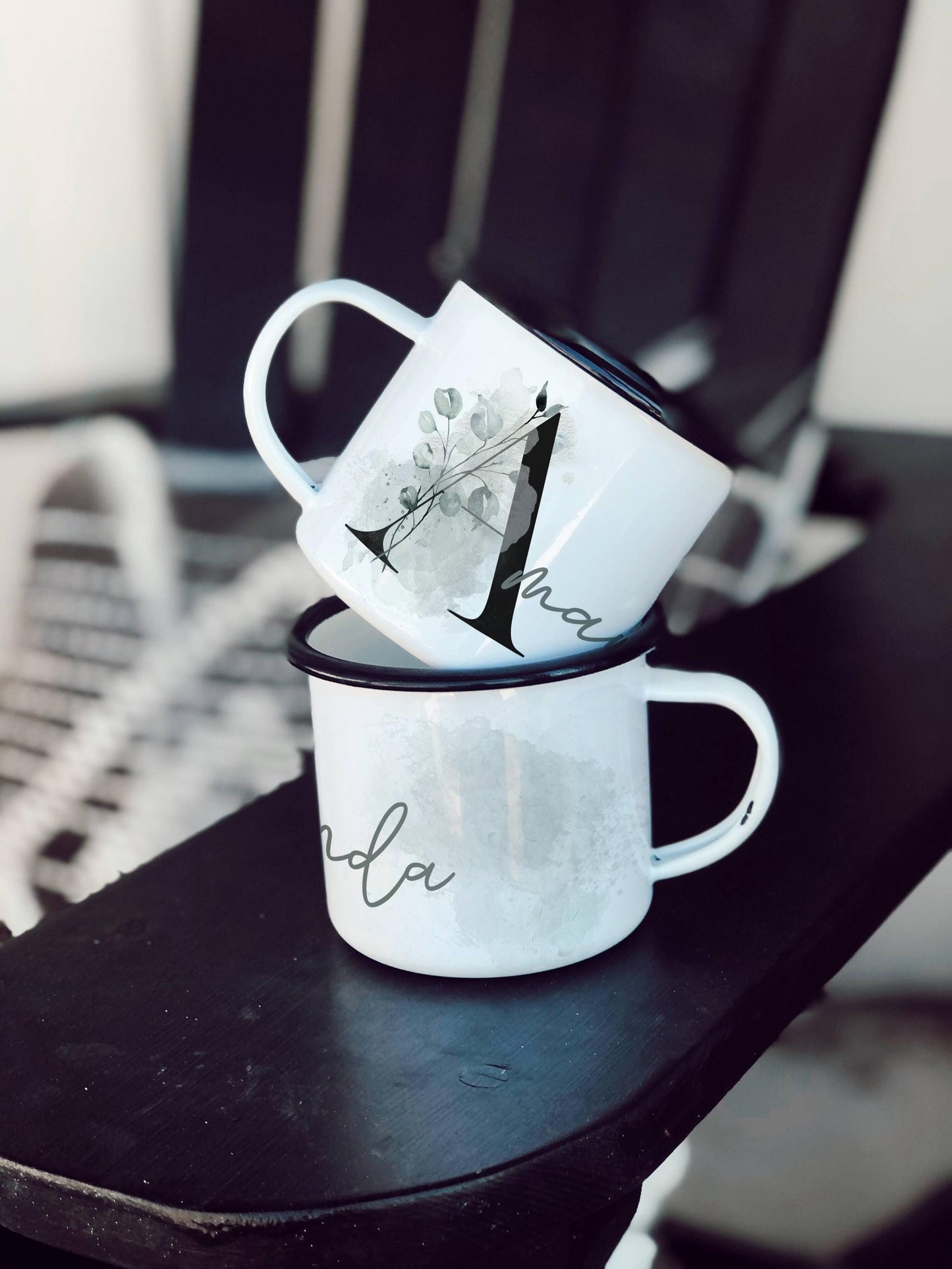 12oz/18oz Personalized Enamel Camp Cup with Green Hues, Monogram Name Mug, Outdoor Adventure Gear for her in silver & black rim