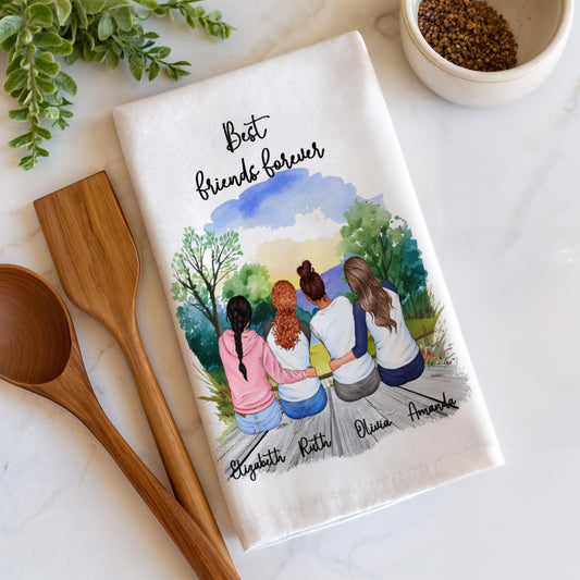 Custom Best Friends Tea Towel, Personalized with 2 to 4 Friends, Custom Names, Hair, Outfits and Backgrounds, Friendship Gift, Keepsake Gift