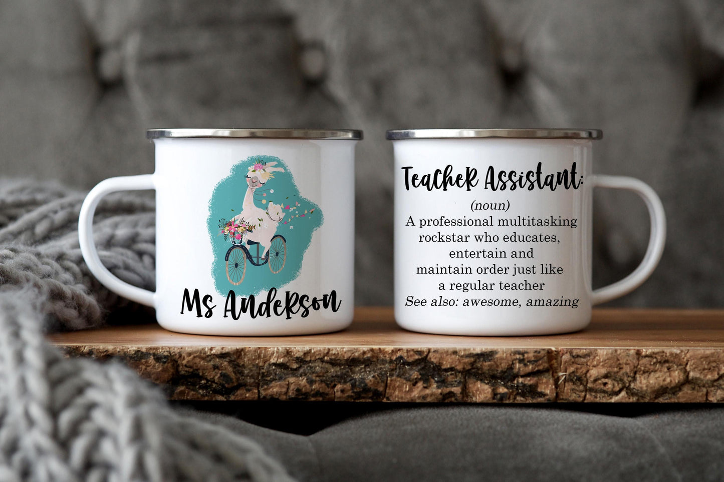 12oz/18oz Custom Teacher Assistant Enamel Cup with custom definition, Cute Llama design, Nature Lover gift, Outdoor Adventure Gear for her