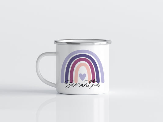 12oz/18oz Personalized Rainbow Camp mug, Custom Purple Enamel Mug, Children's Name Mug, Custom Kids Mug, Kid's Party favor gift ideas
